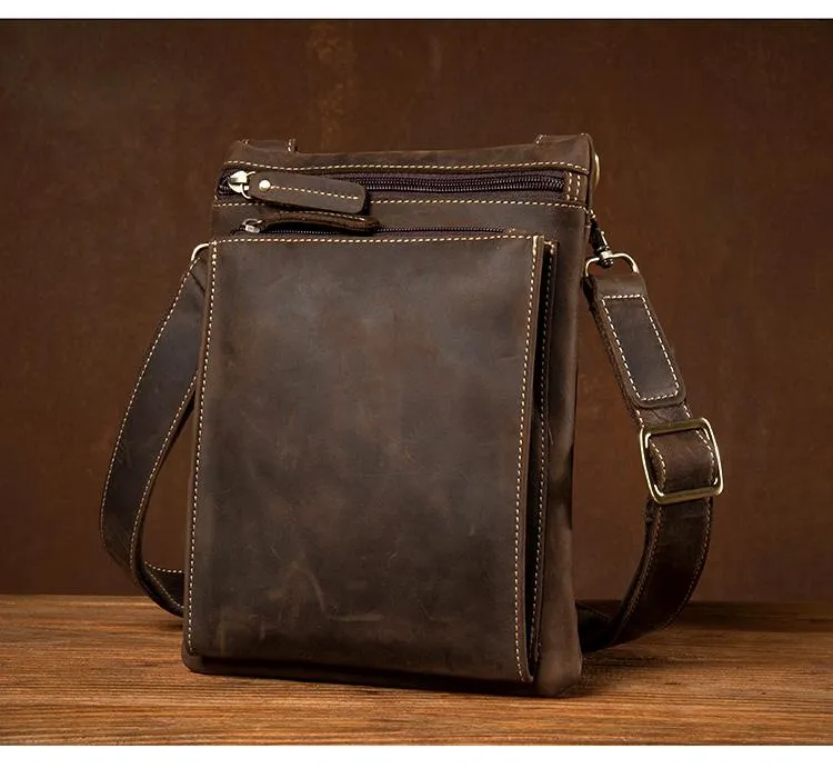 Dark Brown Cool Leather Small Vertical Side Bag Messenger Bags Courier Bag for Men