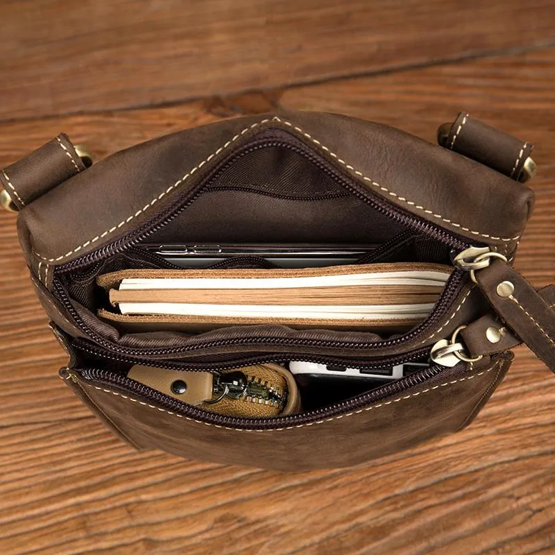 Dark Brown Cool Leather Small Vertical Side Bag Messenger Bags Courier Bag for Men
