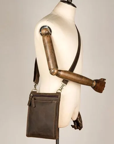 Dark Brown Cool Leather Small Vertical Side Bag Messenger Bags Courier Bag for Men