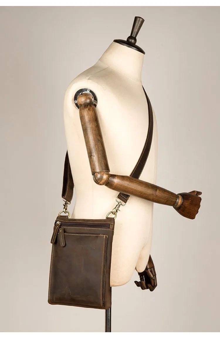 Dark Brown Cool Leather Small Vertical Side Bag Messenger Bags Courier Bag for Men