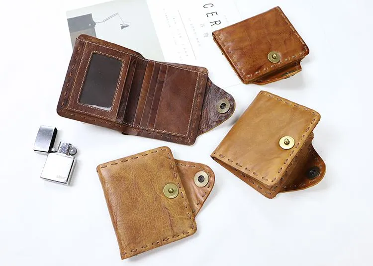 Dark Brown Handmade Leather Mens billfold Wallet Small Bifold Card Holder Front Pocket Wallet For Men