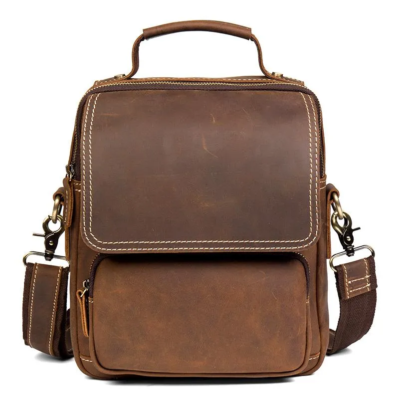 Dark Brown Leather 10 inches Vertical Messenger Bag Cool Side Bag Courier Bag Postman Bag for Men