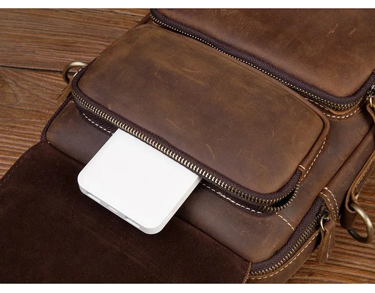 Dark Brown Leather 10 inches Vertical Messenger Bag Cool Side Bag Courier Bag Postman Bag for Men