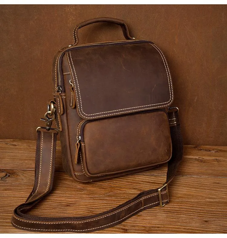 Dark Brown Leather 10 inches Vertical Messenger Bag Cool Side Bag Courier Bag Postman Bag for Men