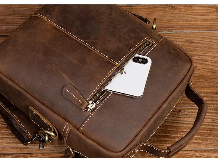 Dark Brown Leather 10 inches Vertical Messenger Bag Cool Side Bag Courier Bag Postman Bag for Men