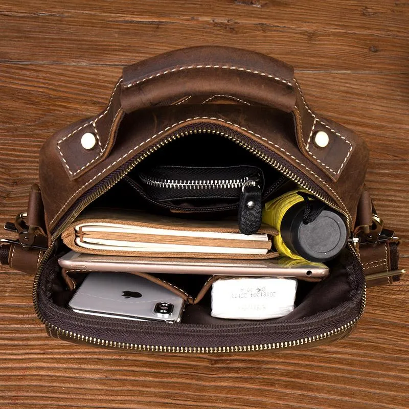 Dark Brown Leather 10 inches Vertical Messenger Bag Cool Side Bag Courier Bag Postman Bag for Men