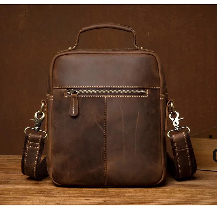 Dark Brown Leather 10 inches Vertical Messenger Bag Cool Side Bag Courier Bag Postman Bag for Men