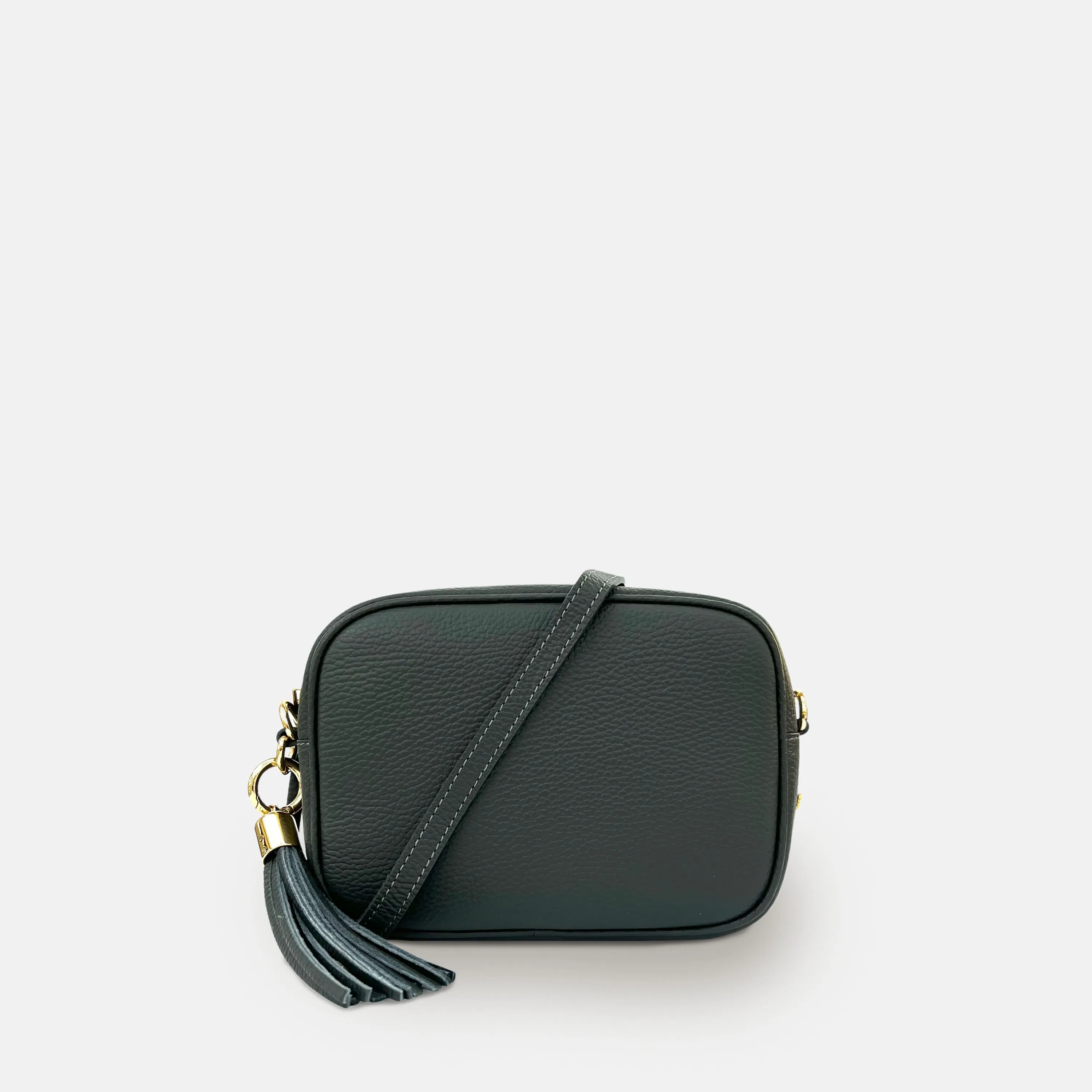 Dark Grey Leather Crossbody Bag With Black & Silver Chevron Strap