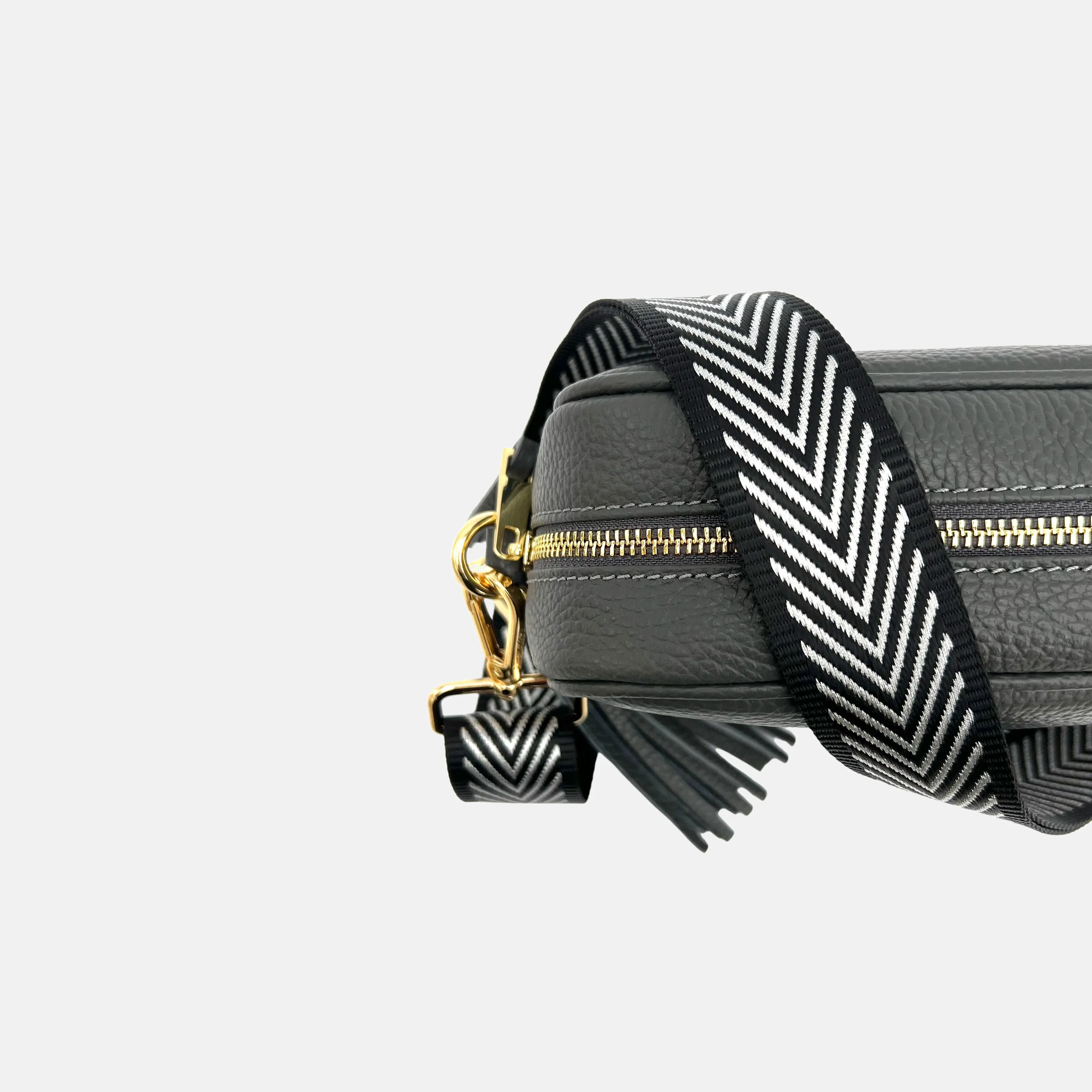 Dark Grey Leather Crossbody Bag With Black & Silver Chevron Strap