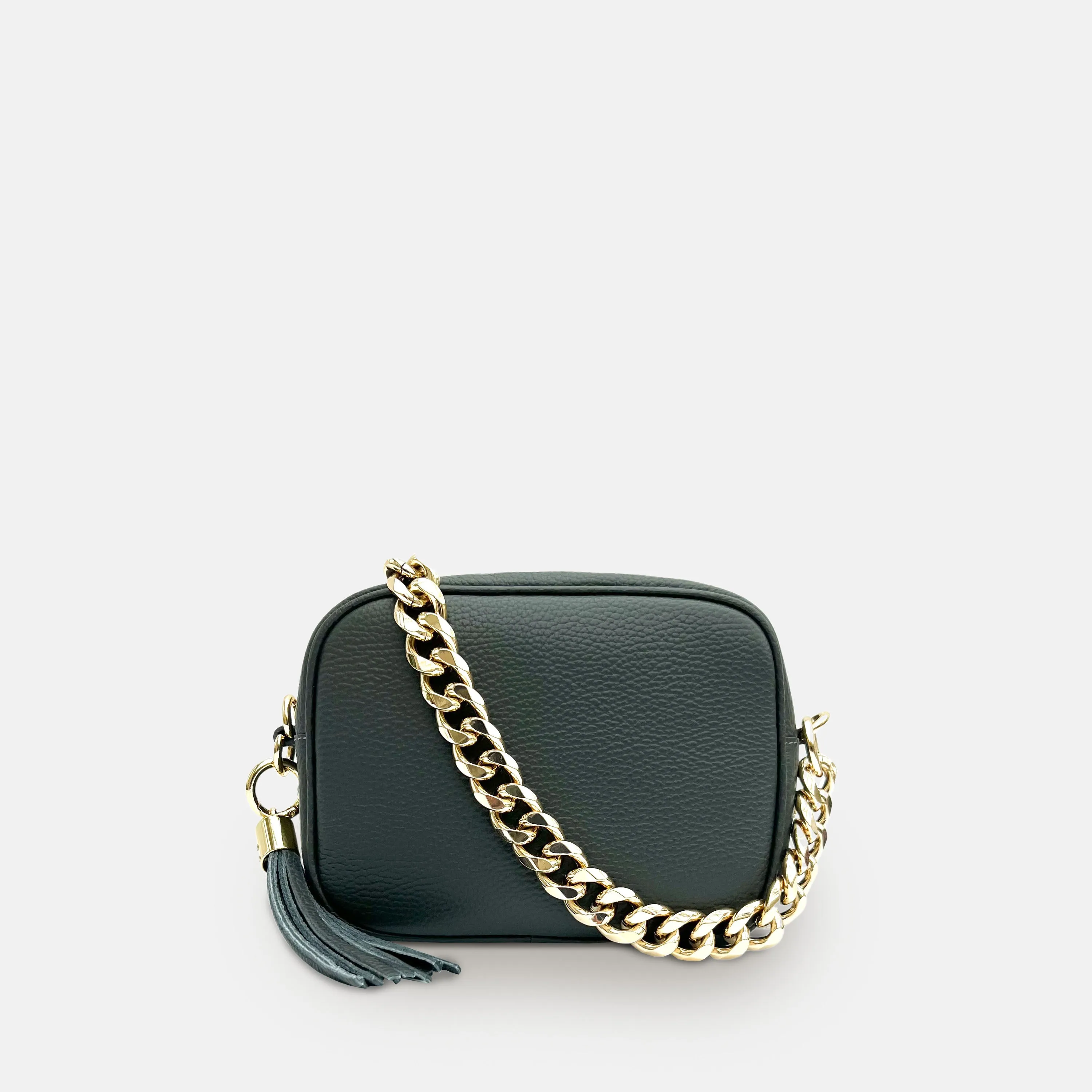 Dark Grey Leather Crossbody Bag With Gold Chain Strap