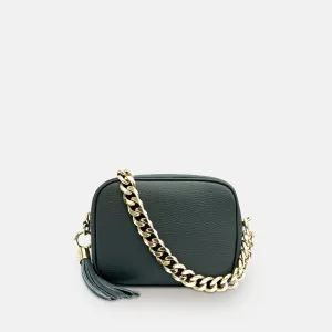 Dark Grey Leather Crossbody Bag With Gold Chain Strap