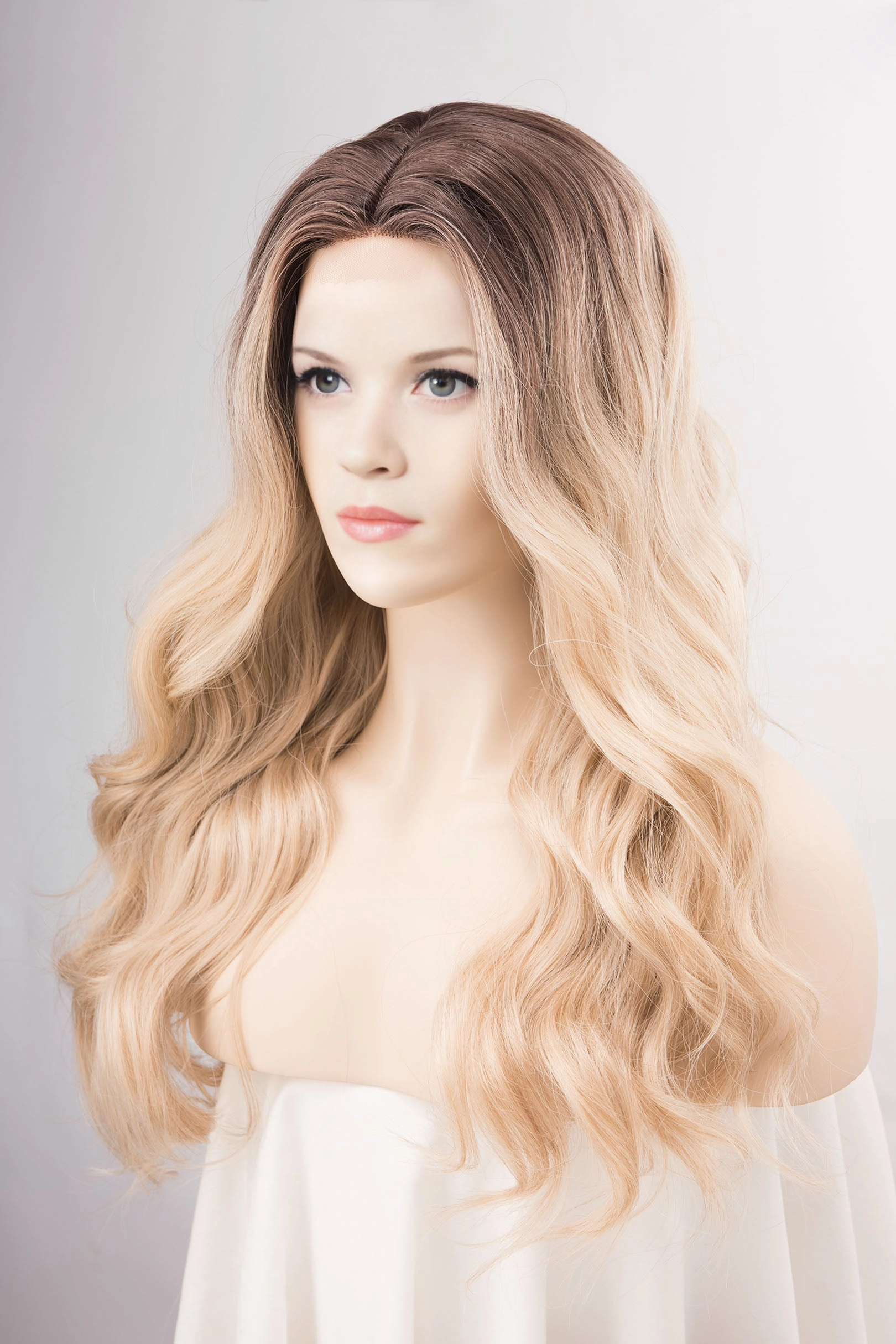 Dark Roots Creamy Blonde Natural Ombre Wavy Lace Front Wig Virginia Elle Look