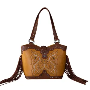 Embroidered Fringe Tote Bag In Mustard