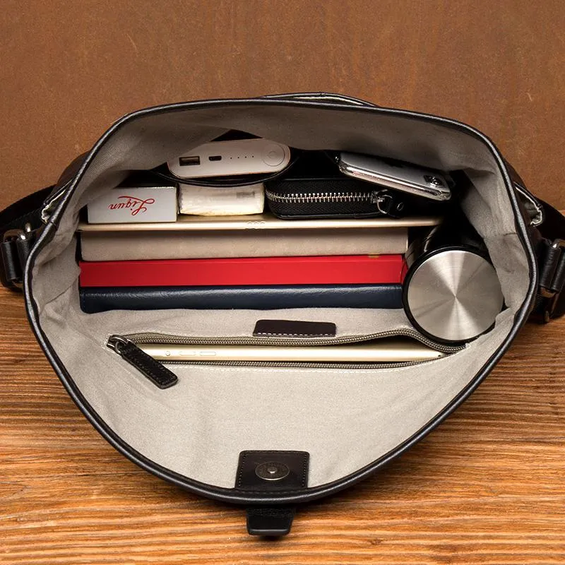 Fashion Black Leather 12 inches Mens Small Courier Bag Messenger Bags Postman Bag for Men