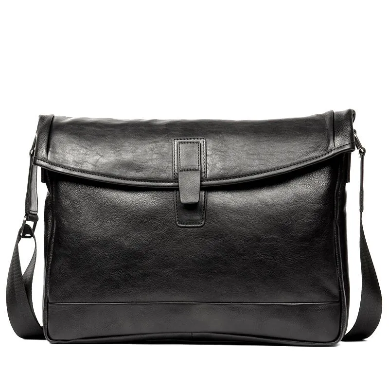 Fashion Black Leather 12 inches Mens Small Courier Bag Messenger Bags Postman Bag for Men