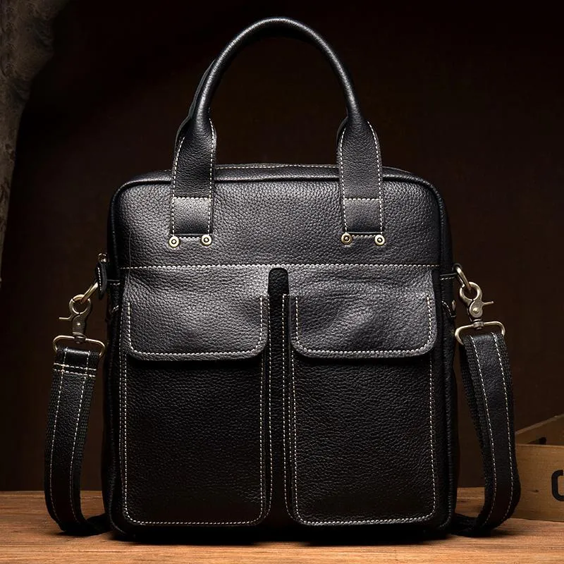 Fashion Black Leather 12 inches Vertical Briefcase Work Shoulder Bag Black Messenger Bag Computer Work Bag for Men