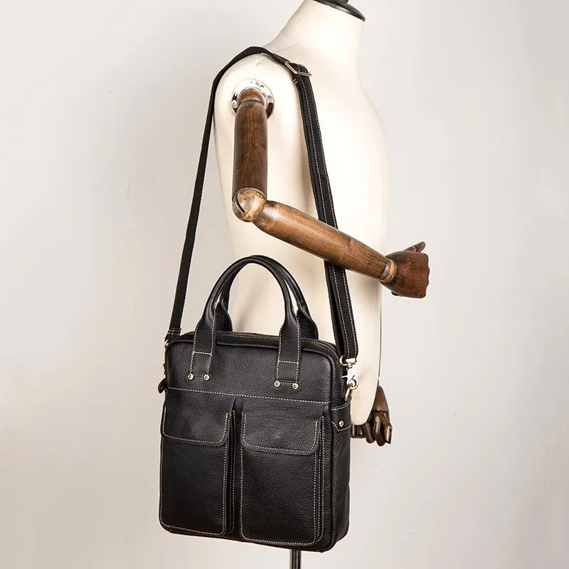 Fashion Black Leather 12 inches Vertical Briefcase Work Shoulder Bag Black Messenger Bag Computer Work Bag for Men