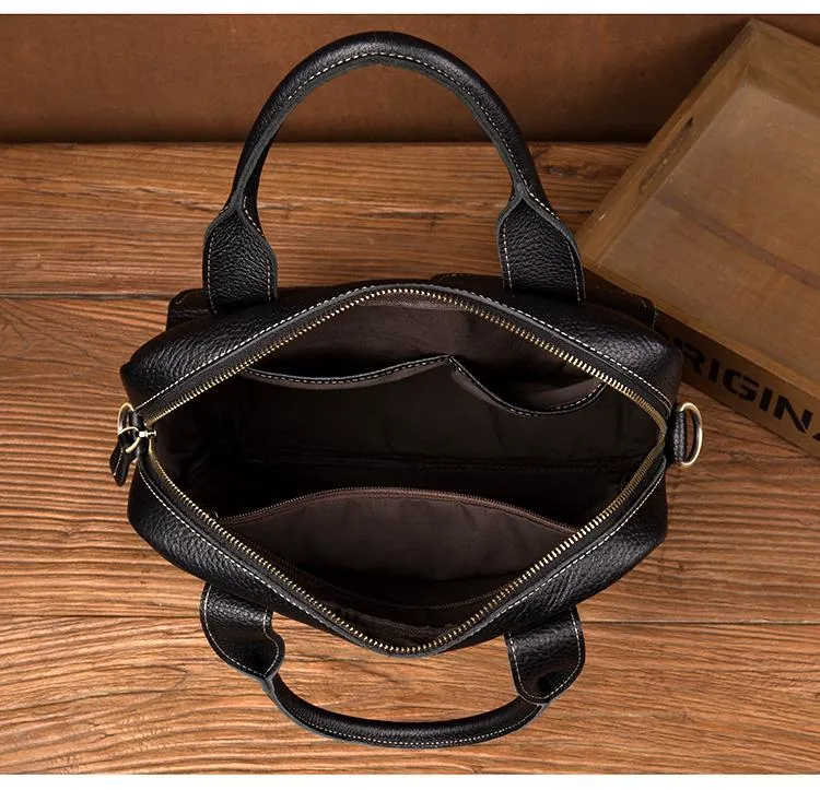 Fashion Black Leather 12 inches Vertical Briefcase Work Shoulder Bag Black Messenger Bag Computer Work Bag for Men