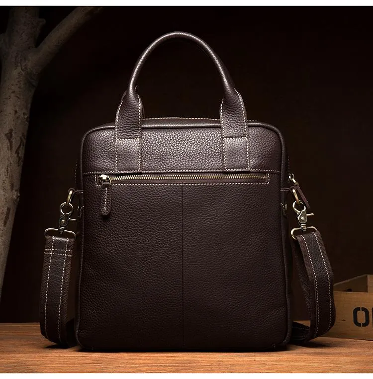 Fashion Black Leather 12 inches Vertical Briefcase Work Shoulder Bag Black Messenger Bag Computer Work Bag for Men
