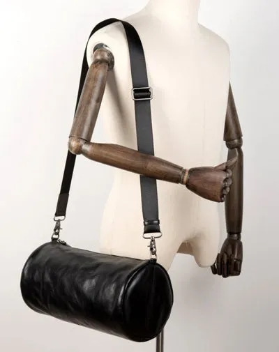 Fashion Black Leather Mens Barrel Messenger Bag Bucket Courier Bag Postman Bags for Men