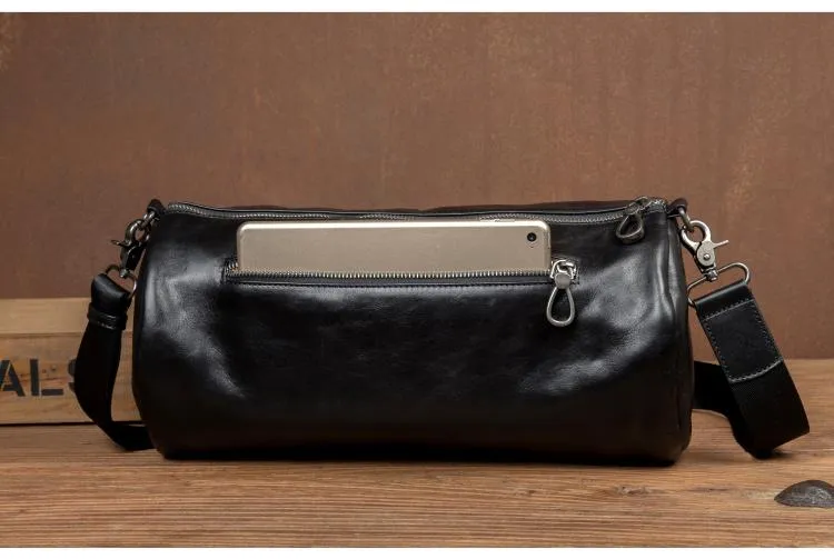 Fashion Black Leather Mens Barrel Messenger Bag Bucket Courier Bag Postman Bags for Men