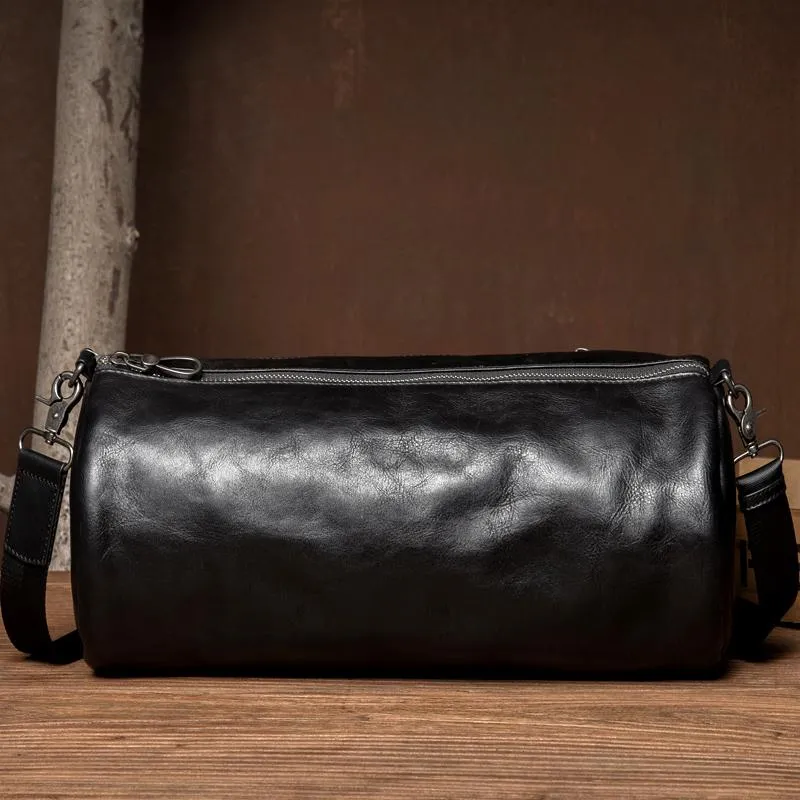 Fashion Black Leather Mens Barrel Messenger Bag Bucket Courier Bag Postman Bags for Men