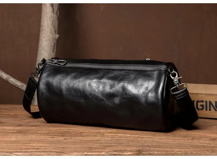 Fashion Black Leather Mens Barrel Messenger Bag Bucket Courier Bag Postman Bags for Men