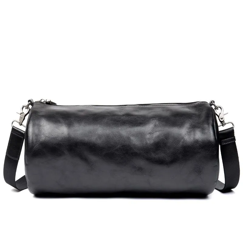 Fashion Black Leather Mens Barrel Messenger Bag Bucket Courier Bag Postman Bags for Men
