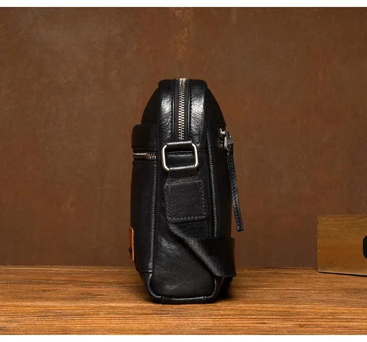 Fashion Black Mens Leather 10 inches Mens Small Messenger Bag Brown Courier Bag Postman Bag for Men