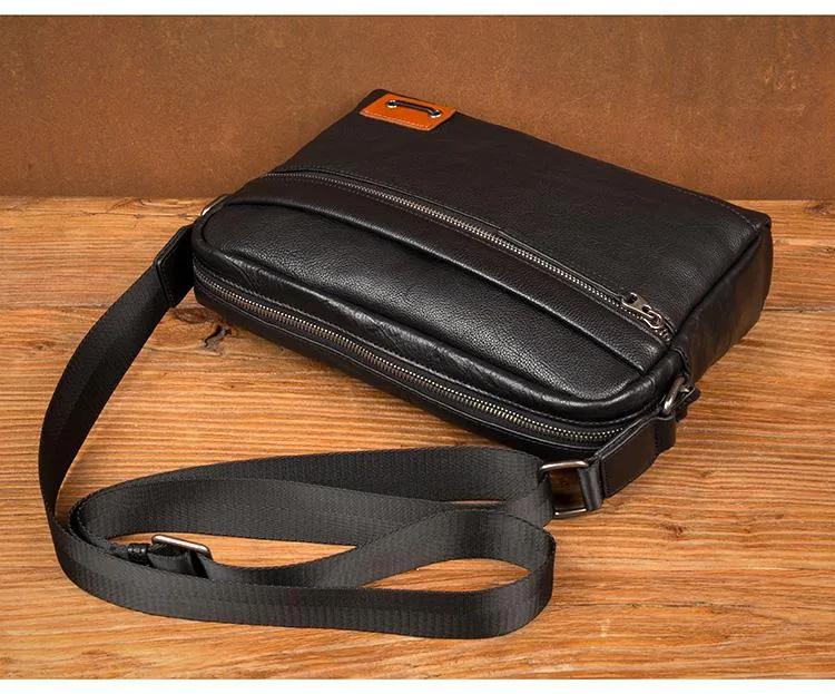 Fashion Black Mens Leather 10 inches Mens Small Messenger Bag Brown Courier Bag Postman Bag for Men