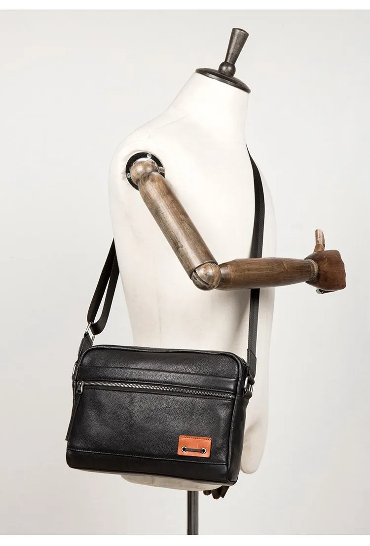 Fashion Black Mens Leather 10 inches Mens Small Messenger Bag Brown Courier Bag Postman Bag for Men