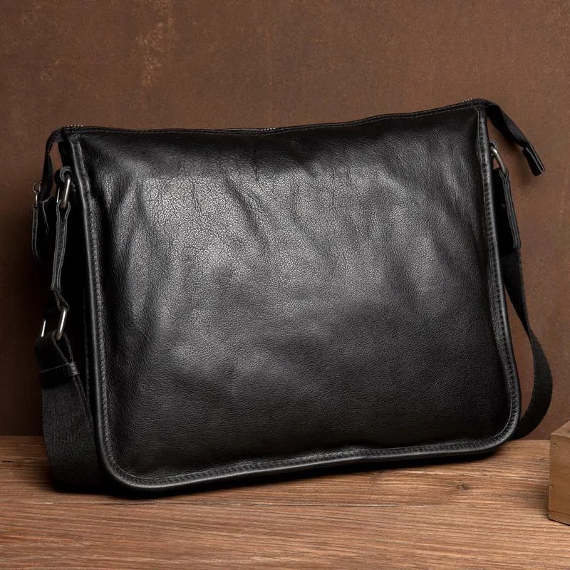 Fashion Black Mens Leather 11 inches Mens Messenger Bags Courier Bag for Men