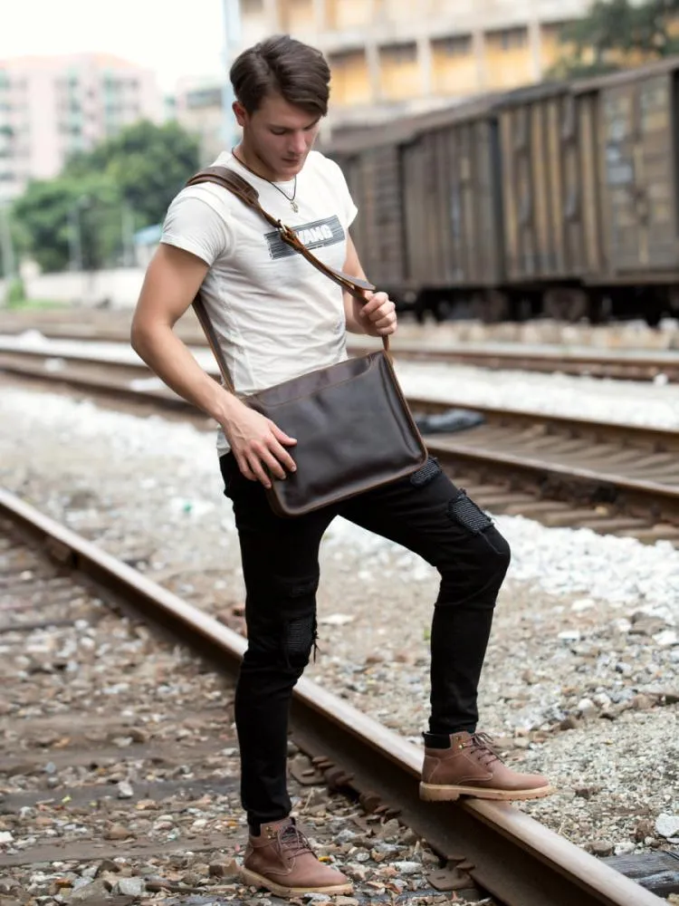Fashion Dark Brown Leather 11 inches Postman Bag Messenger Bags Courier Bag for Men
