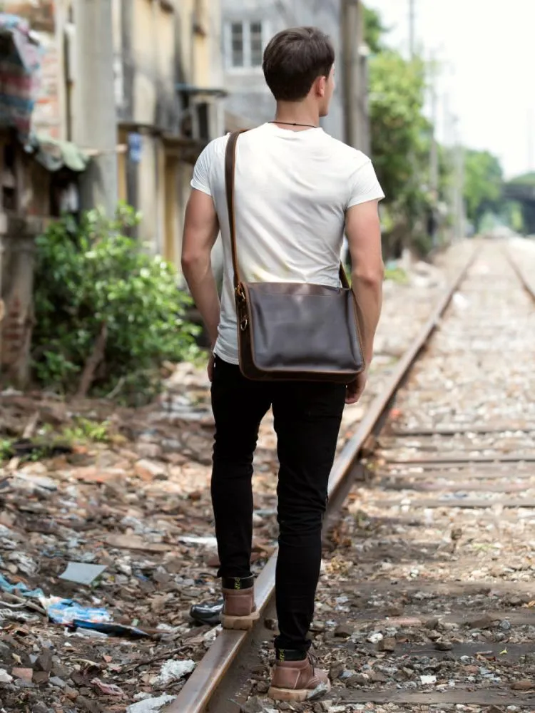 Fashion Dark Brown Leather 11 inches Postman Bag Messenger Bags Courier Bag for Men