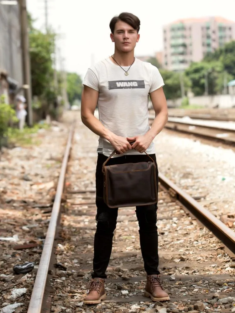 Fashion Dark Brown Leather 11 inches Postman Bag Messenger Bags Courier Bag for Men