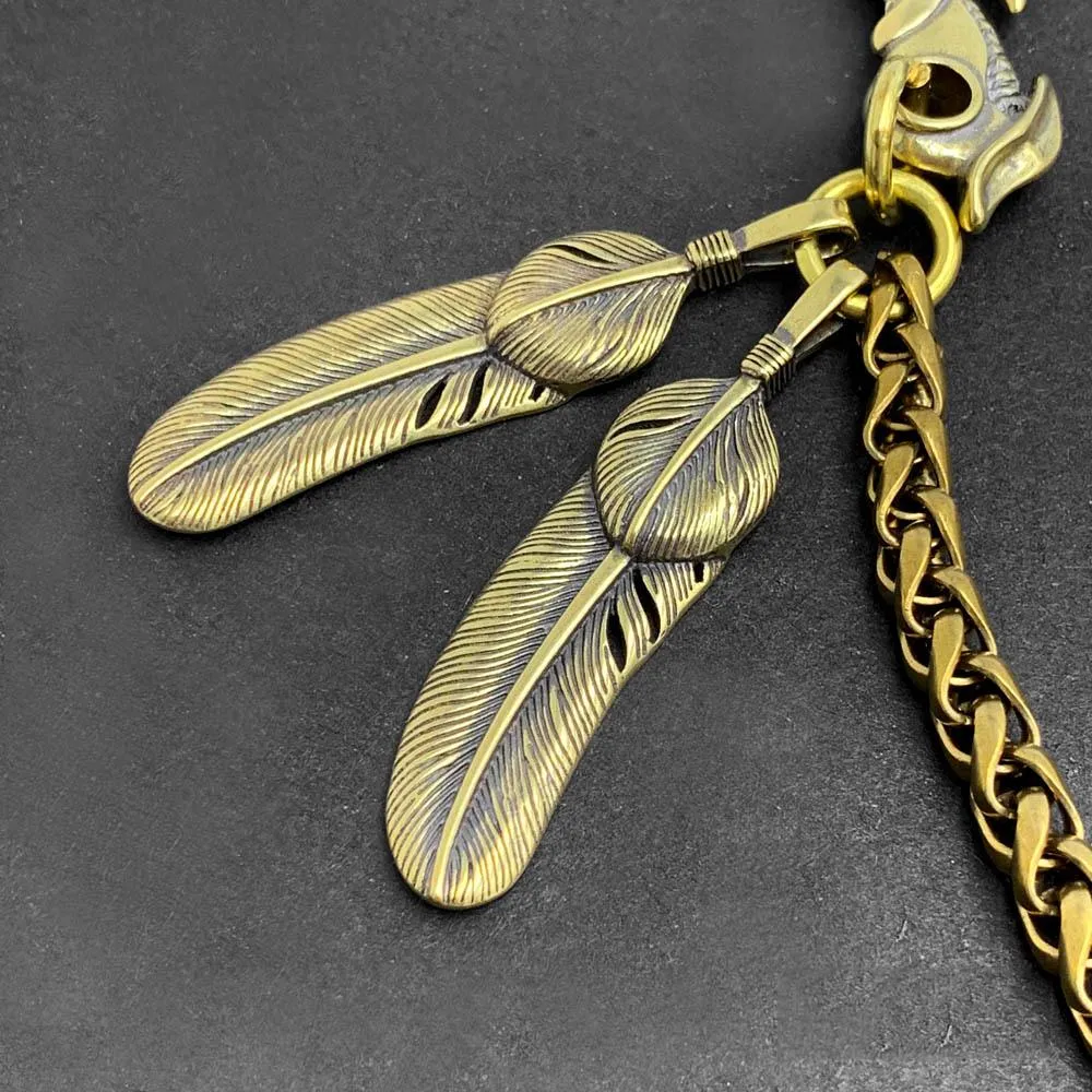 Fashion Handmade Vintage Brass 18" Feather Key Chain Pants Chain Wallet Chain Motorcycle Wallet Chain for Men