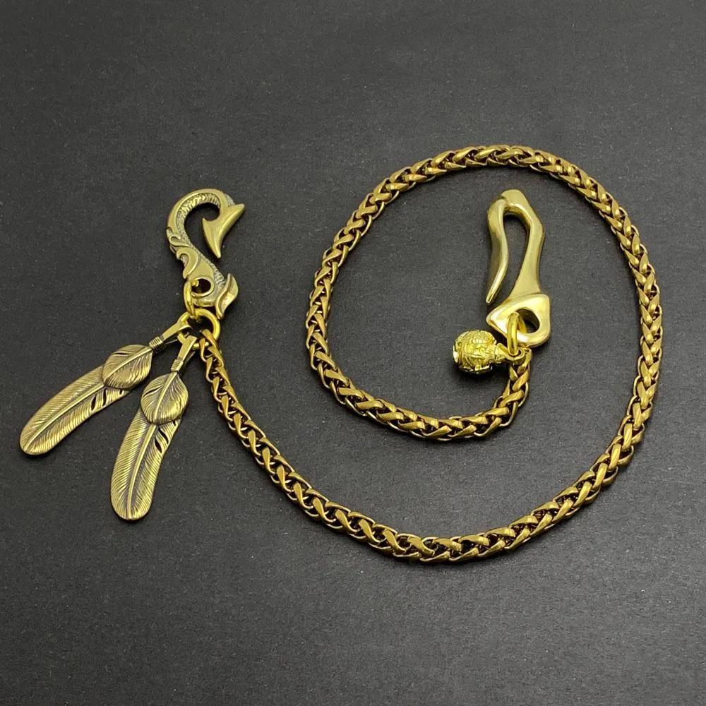 Fashion Handmade Vintage Brass 18" Feather Key Chain Pants Chain Wallet Chain Motorcycle Wallet Chain for Men