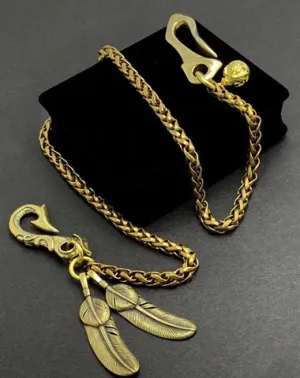 Fashion Handmade Vintage Brass 18" Feather Key Chain Pants Chain Wallet Chain Motorcycle Wallet Chain for Men