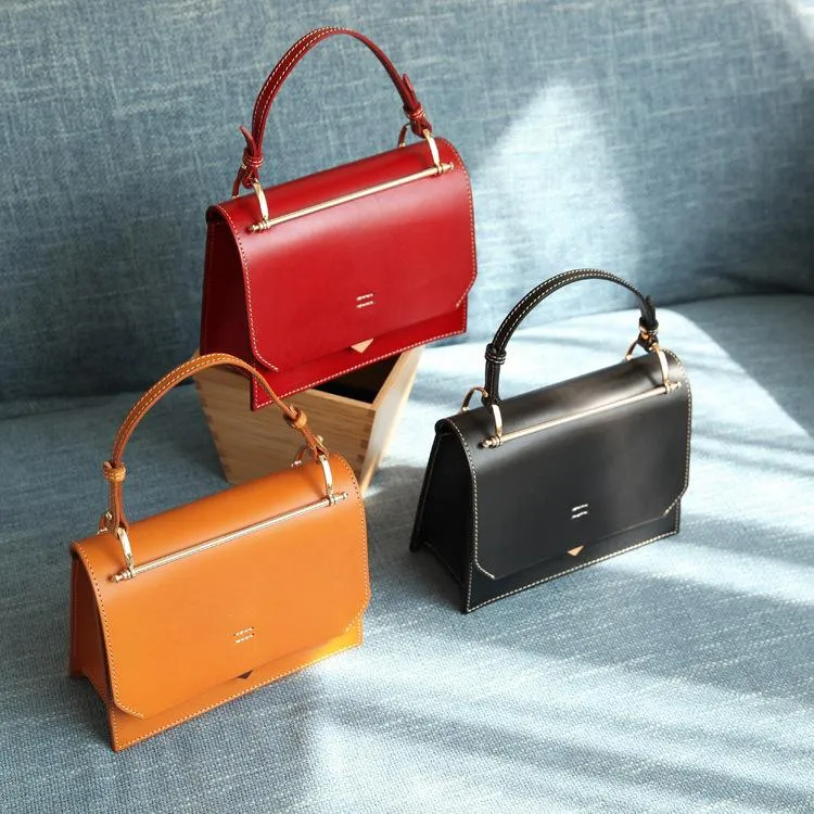 Fashion Womens Red Leather Flap Over Handbag Purse Handmade Square Crossbody Bag Shoulder Bag Purse