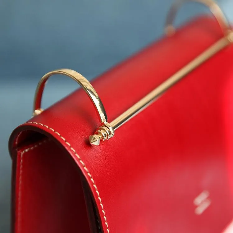 Fashion Womens Red Leather Flap Over Handbag Purse Handmade Square Crossbody Bag Shoulder Bag Purse