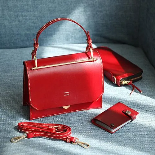 Fashion Womens Red Leather Flap Over Handbag Purse Handmade Square Crossbody Bag Shoulder Bag Purse