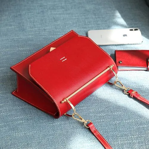 Fashion Womens Red Leather Flap Over Handbag Purse Handmade Square Crossbody Bag Shoulder Bag Purse