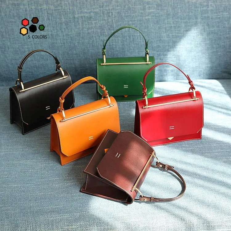 Fashion Womens Red Leather Flap Over Handbag Purse Handmade Square Crossbody Bag Shoulder Bag Purse