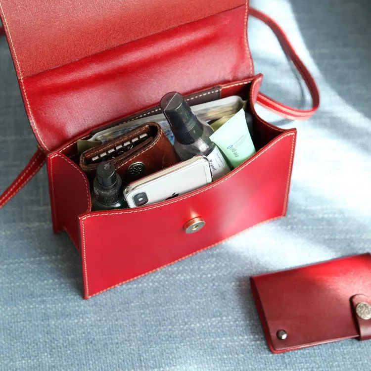 Fashion Womens Red Leather Flap Over Handbag Purse Handmade Square Crossbody Bag Shoulder Bag Purse