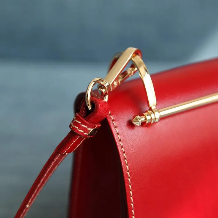 Fashion Womens Red Leather Flap Over Handbag Purse Handmade Square Crossbody Bag Shoulder Bag Purse