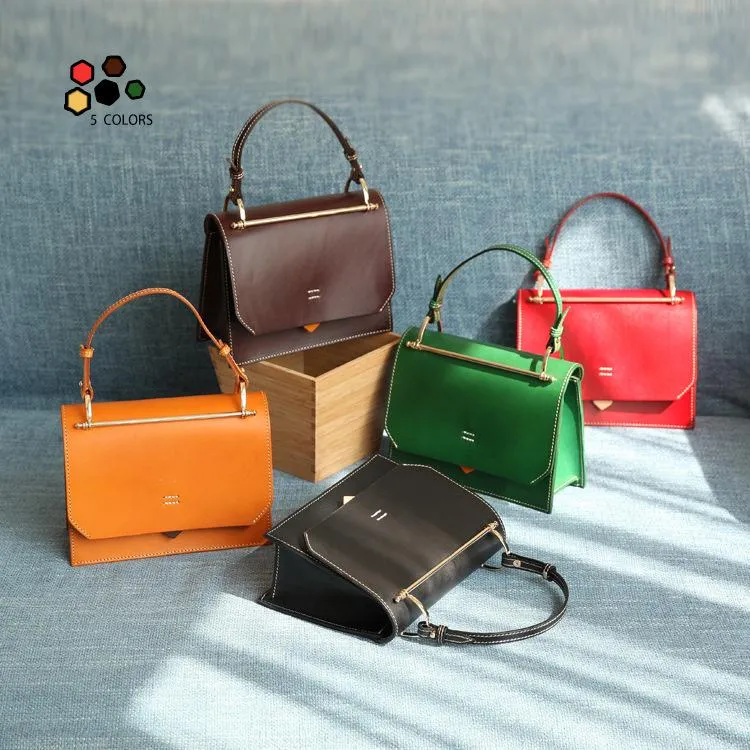 Fashion Womens Red Leather Flap Over Handbag Purse Handmade Square Crossbody Bag Shoulder Bag Purse