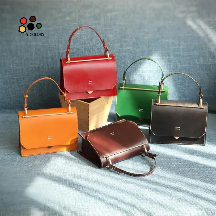 Fashion Womens Red Leather Flap Over Handbag Purse Handmade Square Crossbody Bag Shoulder Bag Purse