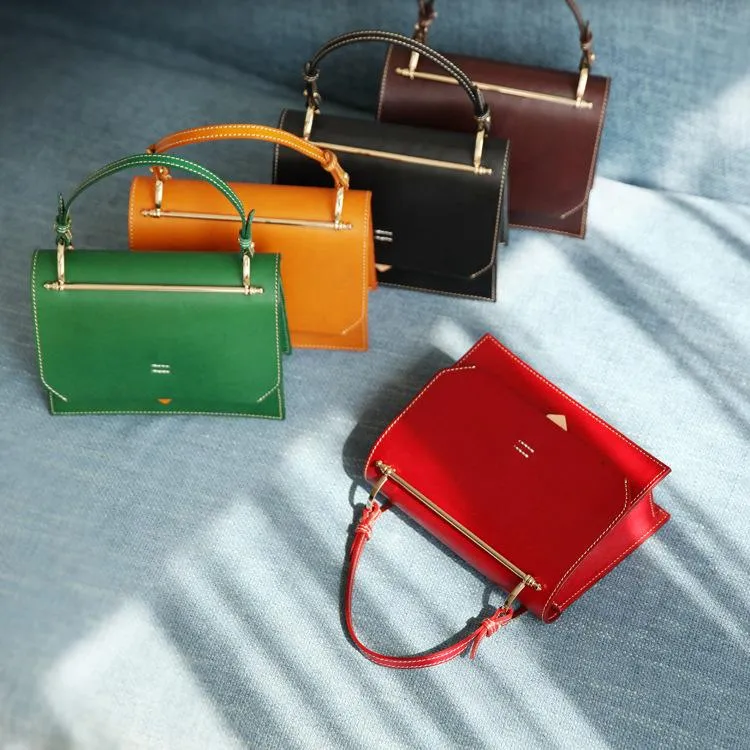 Fashion Womens Red Leather Flap Over Handbag Purse Handmade Square Crossbody Bag Shoulder Bag Purse