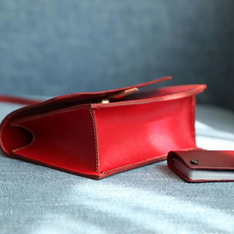 Fashion Womens Red Leather Flap Over Handbag Purse Handmade Square Crossbody Bag Shoulder Bag Purse