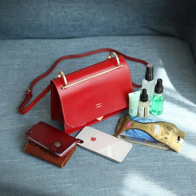 Fashion Womens Red Leather Flap Over Handbag Purse Handmade Square Crossbody Bag Shoulder Bag Purse